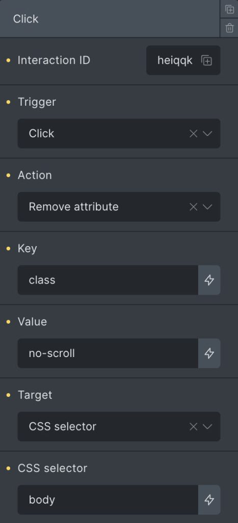 Interaction GUI from Bricks Builder to add an interaction to allow the page to scroll.