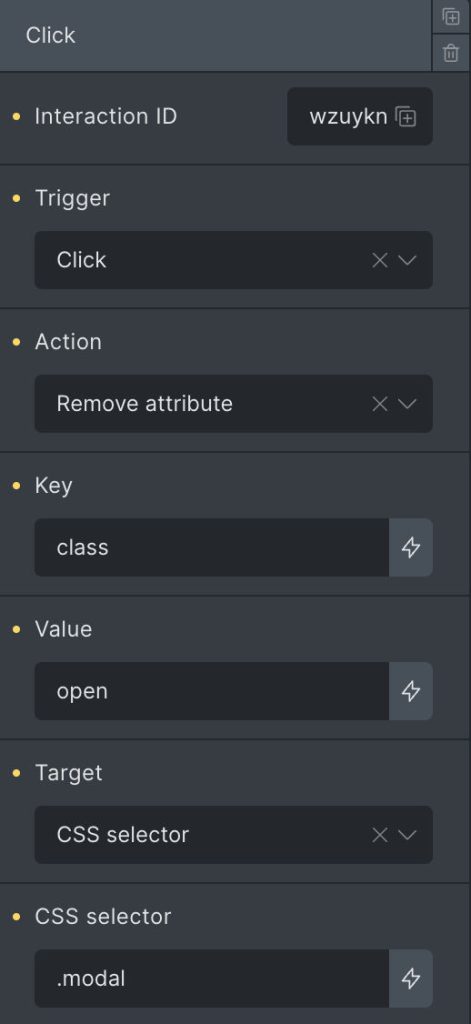 Interaction GUI from Bricks Builder to add an interaction to close a modal.
