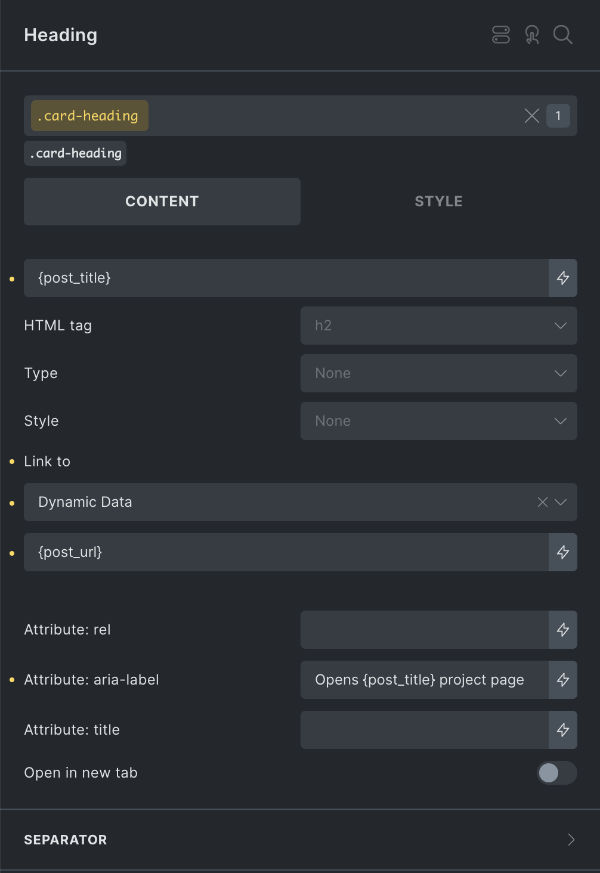 Heading element showing the potential of adding dynamic data for accessibility purposes.