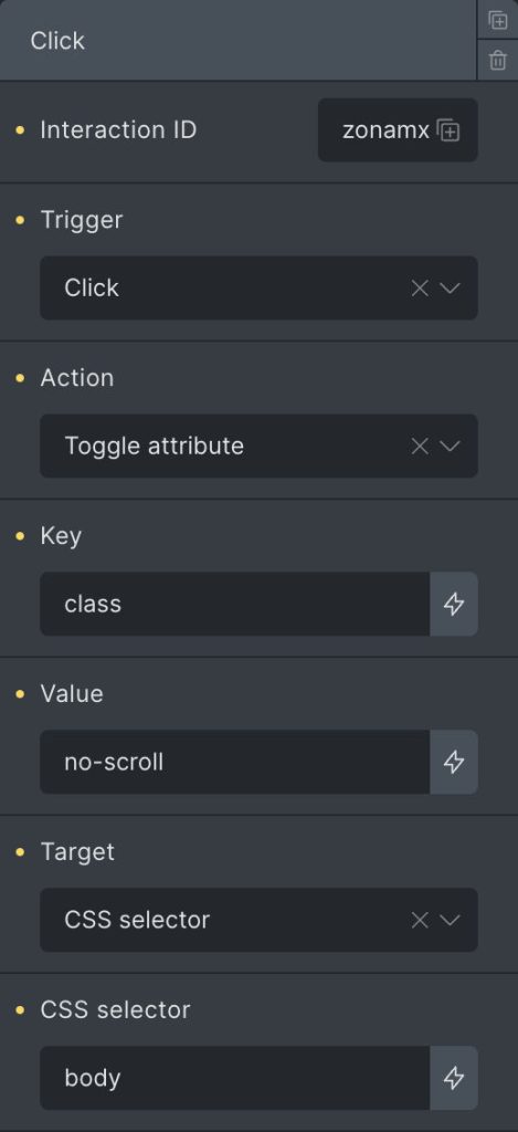 Interaction GUI from Bricks Builder to add an interaction to prevent the page scrolling.