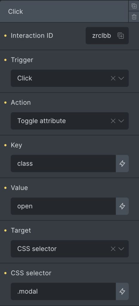 Interaction GUI from Bricks Builder to add an interaction to open a modal.